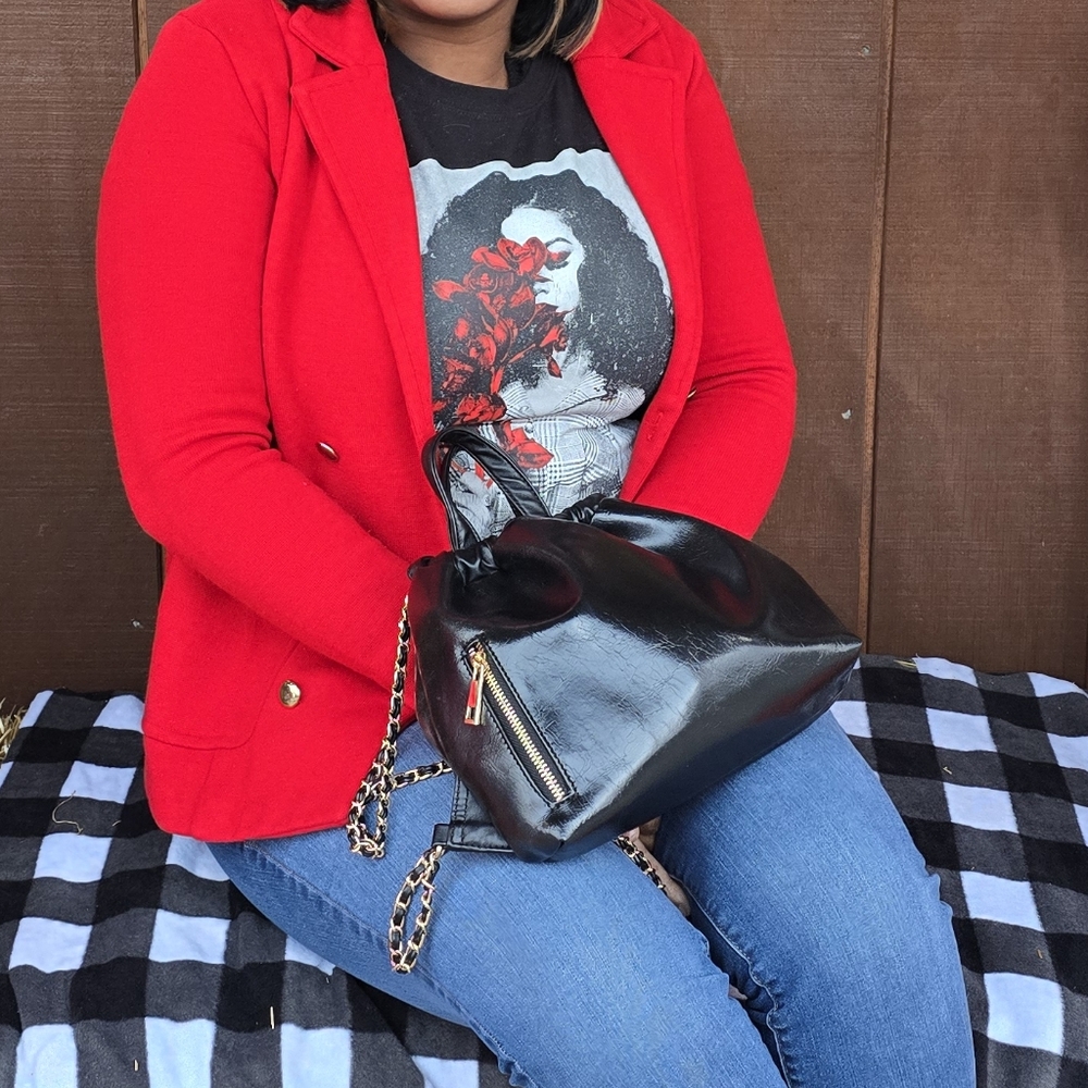Red Blazer with Black Handbag